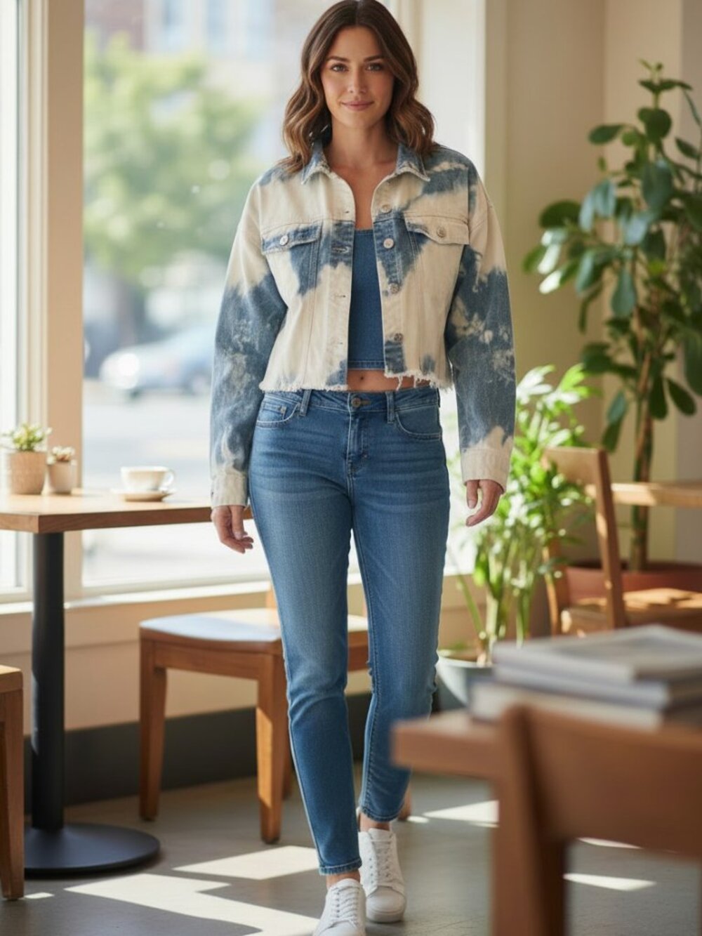 Oversized Cropped Tie-Dye Denim Jacket - White & Blue